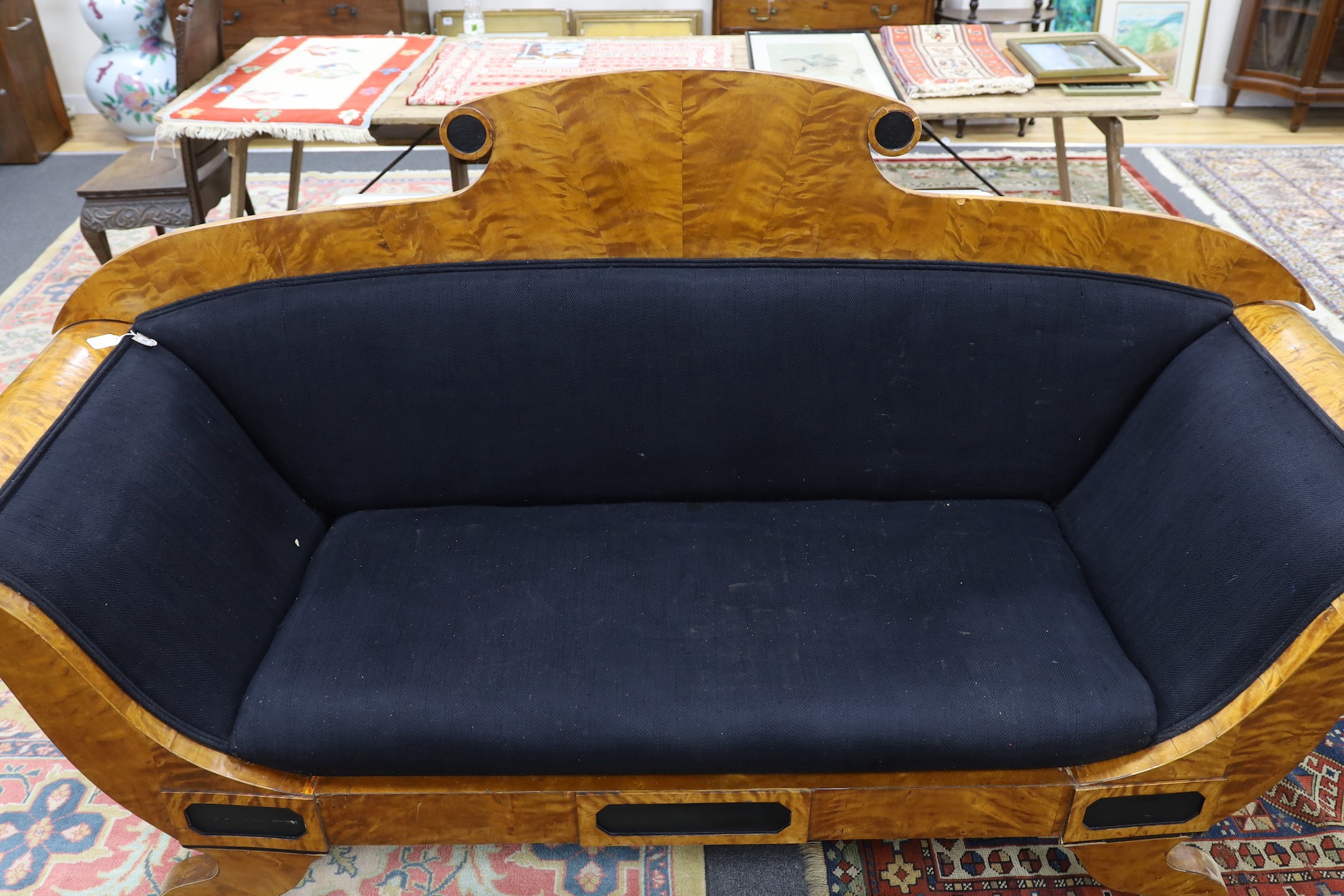 A Biedermier style birch settee, length 240cm, depth 76cm, height 120cm